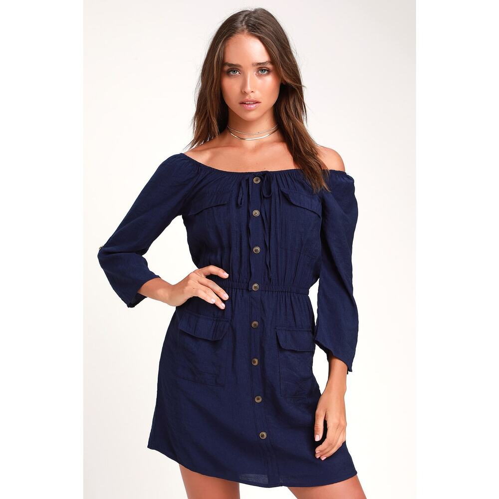 Lulus Etta Navy Blue Button Front Off the Shoulder Dress. Women's Size Small